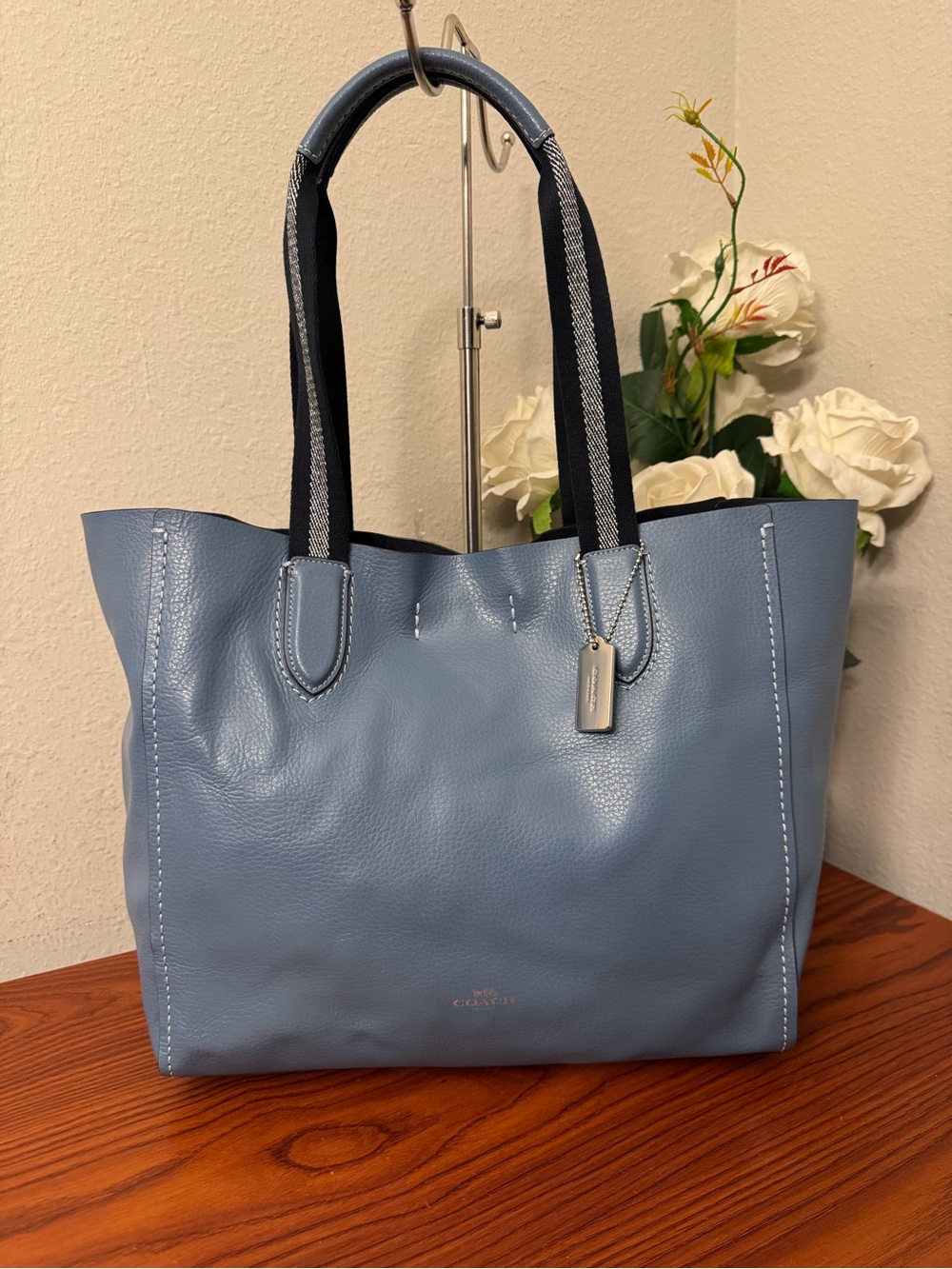 Coach Blue Leather Tote with Navy Striped Handles - Picture 6 of 16